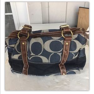 COACH 11183 RARE Signature Striped Blue Denim Zip Satchel Handbag Tote Bag Purse